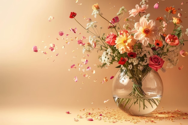 Elegant flowers in glass vase and floating on beige background