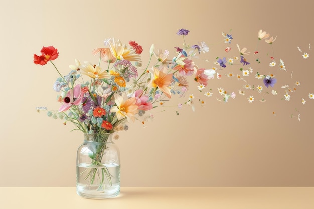 Elegant flowers in glass vase and floating on beige background