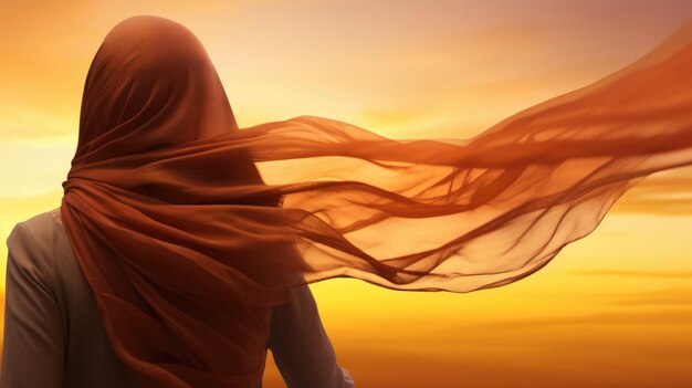 An elegant flowing hijab caught in the golden light of a sunset