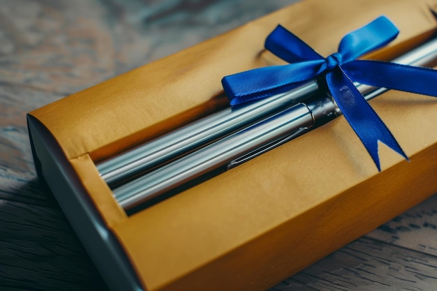 Elegant fountain pen in gift box tied with a vibrant blue ribbon