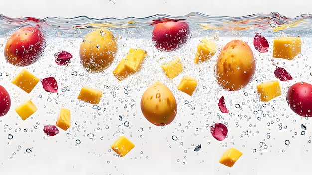 Photo an elegant frame of mixed mangoes on a spotless white background with water drops falling