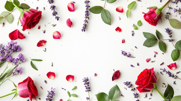 Photo elegant frame with roses lavender branches leaves and petals