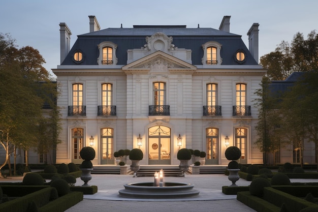 Photo elegant french chateau with manicured lawns and int