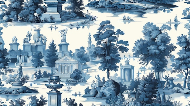 Elegant French Garden Scenes in Blue and White Toile de Jouy Textile Pattern