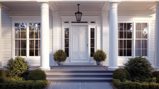 Elegant front porch design featuring white columns and symmetrical landscaping during afternoon light