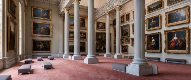 Photo an elegant gallery hall featuring soaring columns and classic artwork perfect for exhibitions