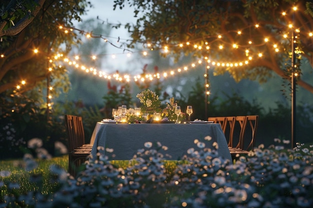 Elegant garden party with string lights and music