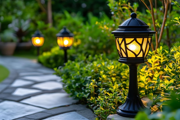 Photo elegant garden path illuminated by lanterns at dusk with lush greenery surrounding the walkway