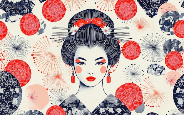 Photo elegant geisha faces bloom amidst red and white flowers in a traditional japanese pattern