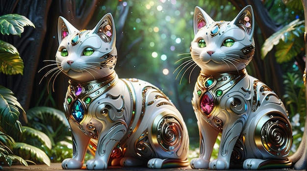 Elegant Gemstone Cats in Enchanted Forest