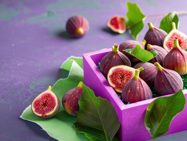 Photo elegant gift box with fresh ripe figs in vibrant purple and green tones