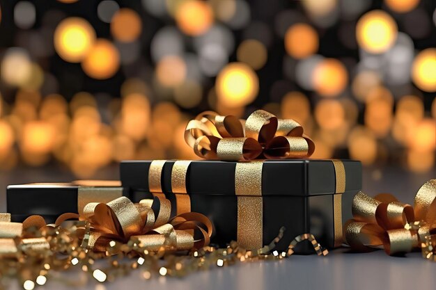 Elegant Gift Box with Golden Ribbon on Blurred Bokeh Background Generative AI