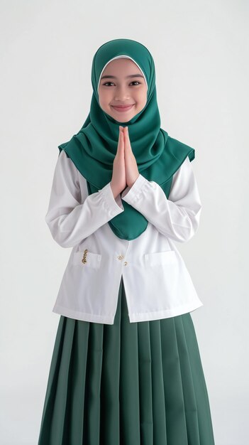 Elegant Girl Wearing a Green Hijab Expressing Respect