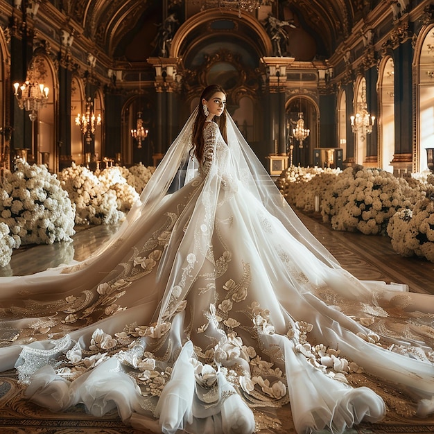 An elegant and glamorous wedding dress with an oversized train of tulle adorned in silver lace embr