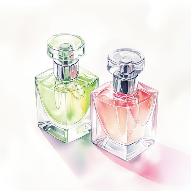 Photo elegant glass perfume bottles in green and pink hues displayed on a softly blurred background