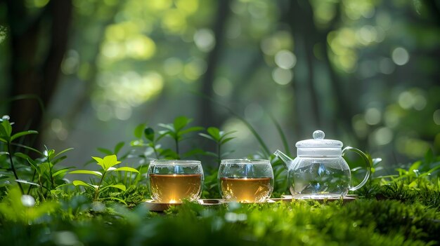 Photo elegant glass tea set in lush green forest landscape for outdoor adventures