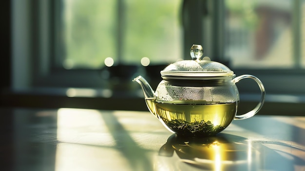 Elegant glass teapot with green tea leaves inside sitting on a table by the window