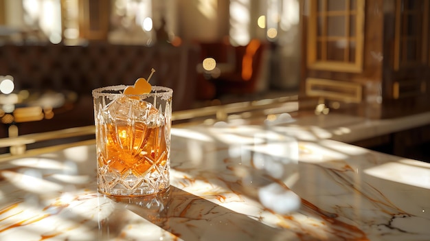 Elegant glass of whiskey with an orange garnish on a luxurious marble countertop in a sophisticated sunlit bar setting