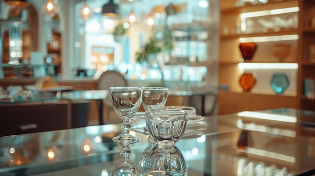 Elegant glassware on a reflective table in a modern kitchen