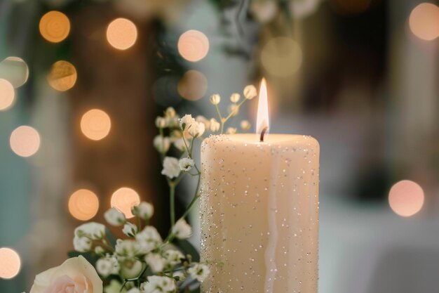 Photo elegant glitter candle burning with soft bokeh lights in background