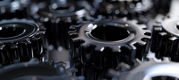 Photo elegant glossy black gears on reflective surface for modern industrial design backgrounds