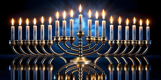 Photo elegant glossy hanukkah candles reflected on mirrored surface with dark background perfect for hol