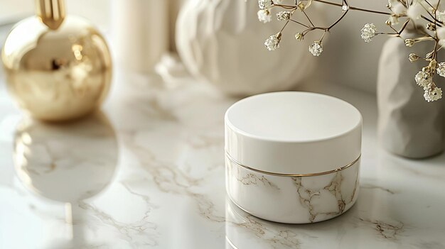 Photo elegant glossy ivory cosmetic jar on marble countertop with minimalistic design