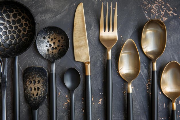 Photo elegant gold and black kitchen utensils on dark background