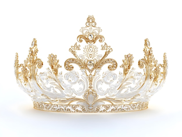 Elegant gold crown adorned with diamonds floating against a plain white background symbolizing royalty luxury and prestige