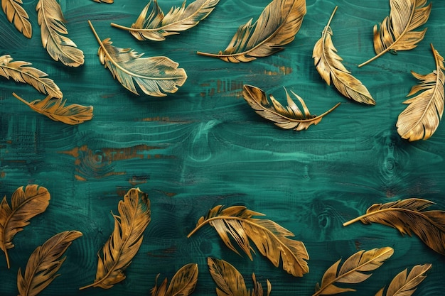 Elegant gold feathers on teal wooden background luxurious autumn decor AI