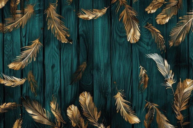 Elegant gold feathers on turquoise wooden background for luxurious interior design AI