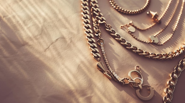 Elegant gold jewelry including chains and pendants placed on a crumpled paper background highlighting their shine and texture