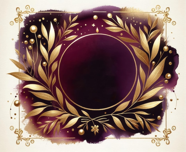 Elegant gold leaf wreath on a deep purple watercolor background with intricate border design