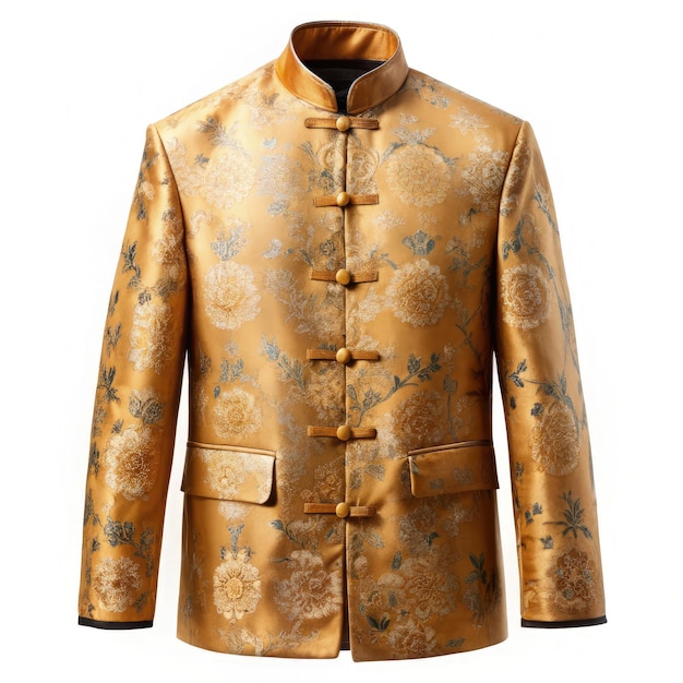 Elegant Gold Mandarin Collar Jacket With Floral Pattern Generative AI