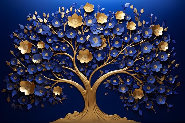 Elegant gold and royal blue floral tree with seamless leaves and flowers hanging branches illus