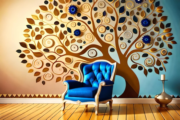 Elegant gold and royal blue floral tree with seamless leaves and flowers hanging branches illustration background 3D abstraction wallpaper for interior wall art decor