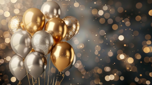 Elegant Gold and Silver Balloons with Sparkling Background