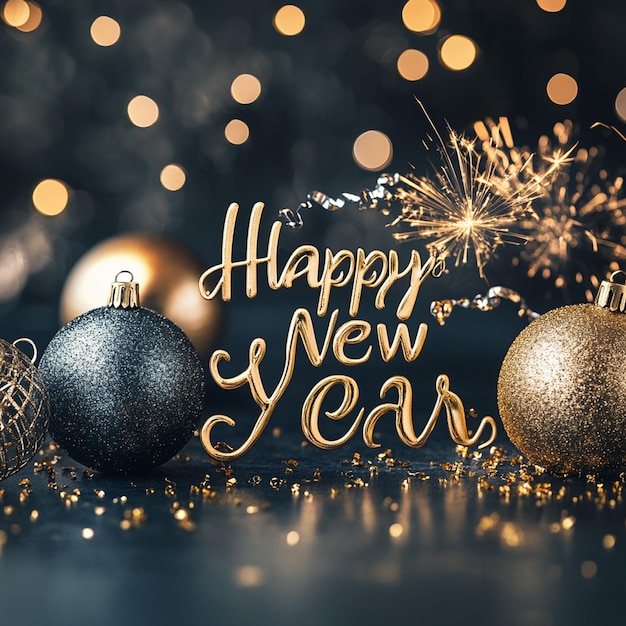 Photo elegant gold and silver decorations with happy new year in a stylish font