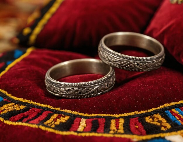 Photo elegant gold wedding rings displayed on a velvet cushion in a decorative jewelry box