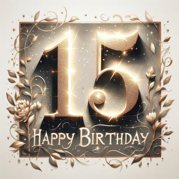 Elegant golden 15th birthday card design with floral accents and sparkling details