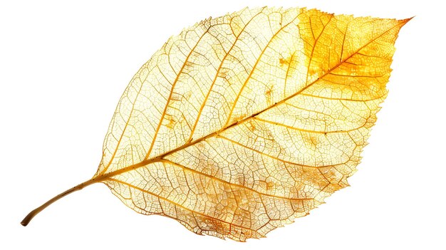 Elegant Golden Autumn Leaf with Delicate Veins on White Background