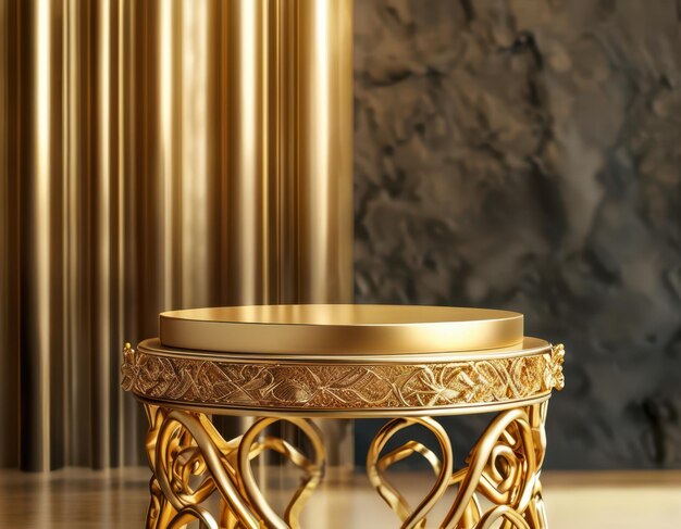 Photo elegant golden display stands with intricate designs showcasing luxury and craftsmanship in a regal setting