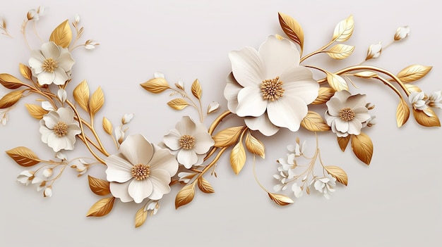 Elegant golden flowers and branches on light background