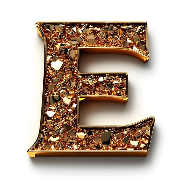 Photo elegant golden letter e on bright white background with metallic shine and reflections