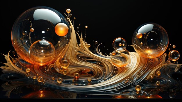 Elegant Golden Swirls in Glass Spheres on Black Background