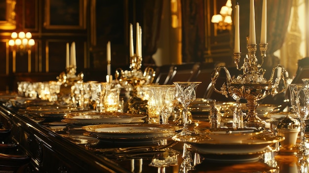 Photo elegant golden table setting with candles and crystal glasses in a luxurious interior