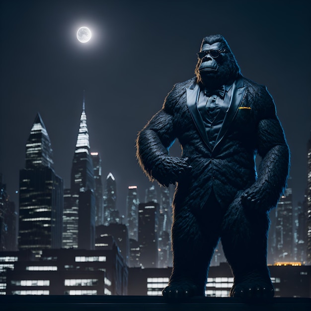 Elegant gorilla businessman over night city background