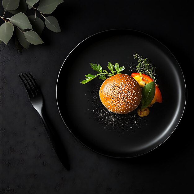 Elegant Gourmet Burger with Fresh Herbs on Black Plate