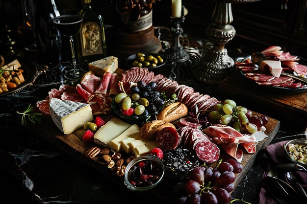 Photo elegant gourmet charcuterie board wine cheese and cured meats in a luxurious appetizer platter