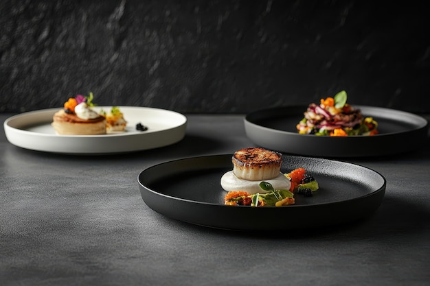 Photo elegant gourmet dishes presented on stylish plates against a dark background